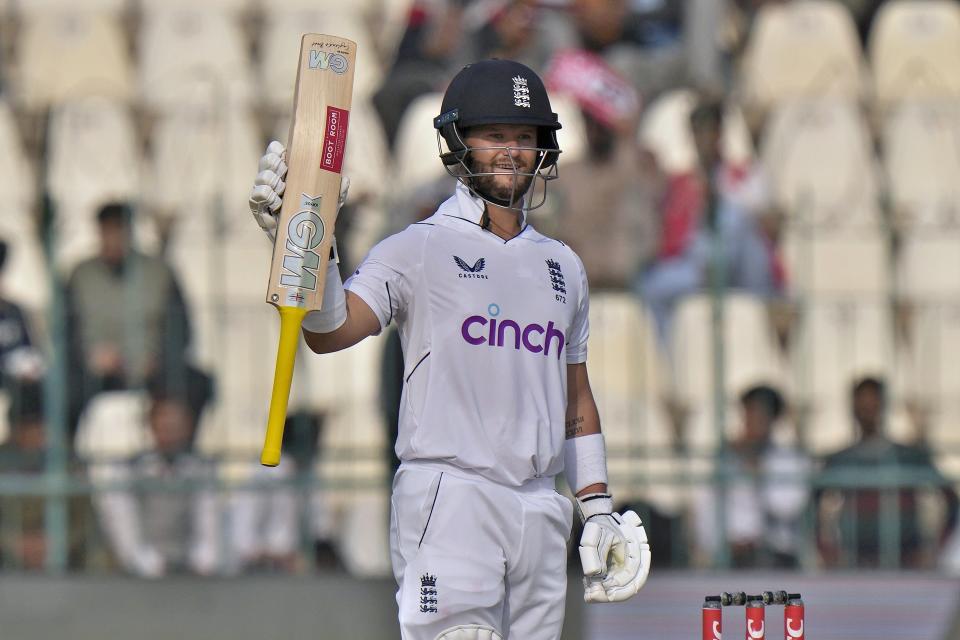 England's Ben Duckett celebrates after scoring fifty during the second day of the second test cricket match between Pakistan and England, in Multan, Pakistan, Saturday, Dec. 10, 2022. (AP Photo/Anjum Naveed)