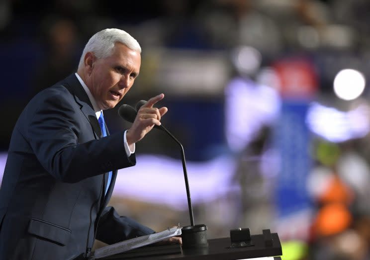 Gov. Mike Pence of Indiana, Republican vice presidential nominee, speaks on the third day of the Republican National Convention in Cleveland. (Photo: Mark J. Terrill/AP)