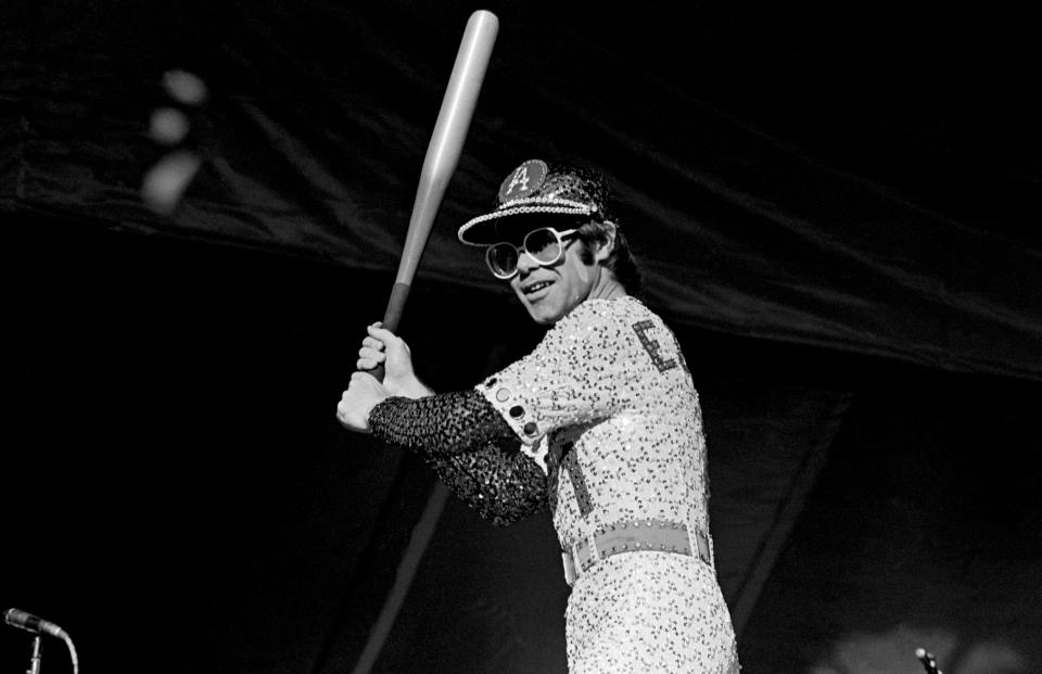 Elton John on stage at Dodgers stadium in 1975