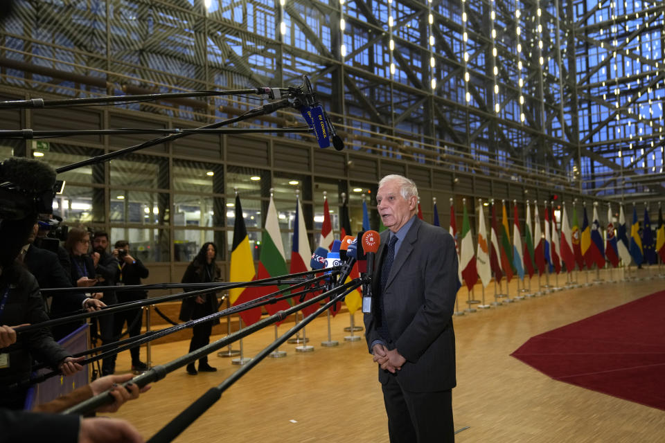 European Union foreign policy chief Josep Borrell speaks with the media as he arrives for a meeting of EU foreign ministers at the European Council building in Brussels on Monday, Jan. 23, 2023. EU foreign ministers are meeting to discuss support for Ukraine, including more money to help buy weapons, and the crackdown on demonstrators in Iran. (AP Photo/Virginia Mayo)
