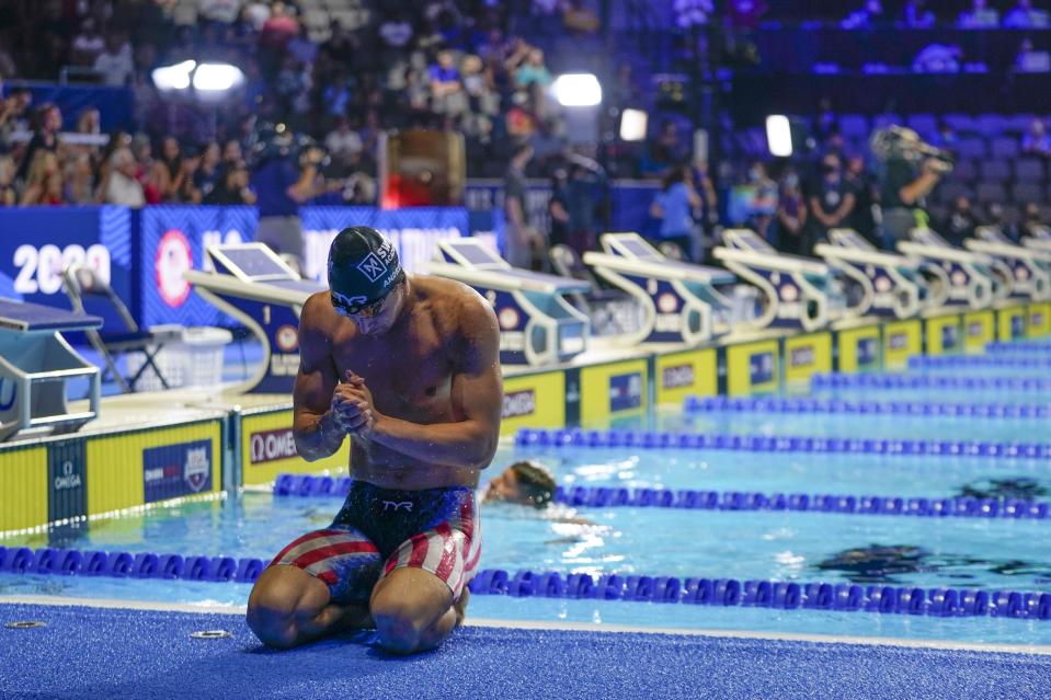 Michael Andrew after winning the men's 200 individual medley during wave 2 of the U.S. Olympic Swim Trials on Friday, June 18, 2021, in Omaha, Neb. (AP Photo/Jeff Roberson)