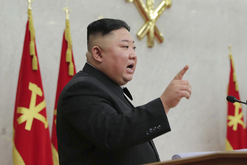 In this photo provided by the North Korean government, North Korean leader Kim Jong Un attends at a meeting of Central Committee of Worker’s Party of Korea in Pyongyang, North Korean, Monday, Feb. 8, 2021. Independent journalists were not given access to cover the event depicted in this image distributed by the North Korean government. The content of this image is as provided and cannot be independently verified. (Korean Central News Agency/Korea News Service via AP)