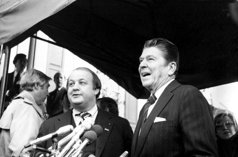 President-elect Ronald Reagan introduces James Brady as his press secretary Jan. 6, 1981. Both men were shot two months later by John Hinckley Jr. in a failed assassination attempt of Reagan. Brady, who was shot in the head, was gravely injured and undertook a personal crusade for gun control that continues after his death in 2014.