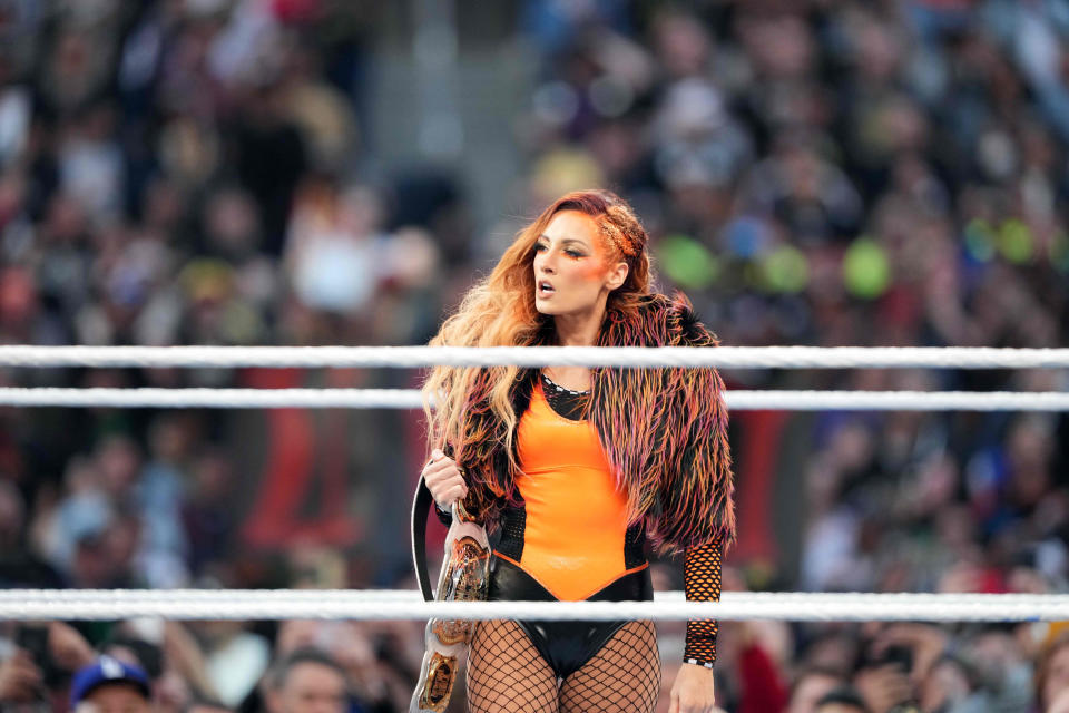 Becky Lynch, shown during Wrestlemania 39 on April 1, 2023 at SoFi Stadium in Inglewood, California.