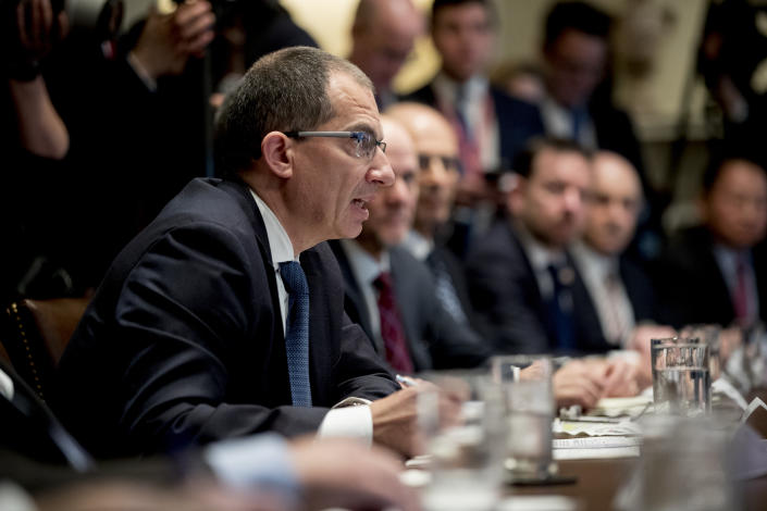 Moderna CEO Stephane Bancel speaks at a meeting with President Donald Trump, members of the Coronavirus Task Force, and pharmaceutical executives in the Cabinet Room of the White House, Monday, March 2, 2020, in Washington. (AP Photo/Andrew Harnik)