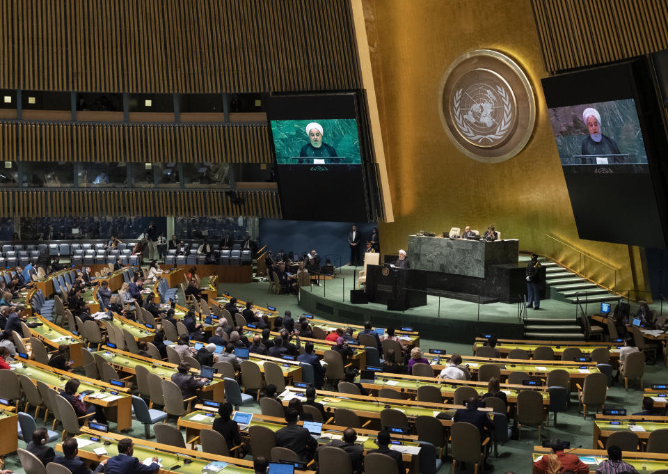 Iran's President Hassan Rouhani addresses the 74th session of the United Nations General Assembly, Wednesday, Sept. 25, 2019. (AP Photo/Craig Ruttle)