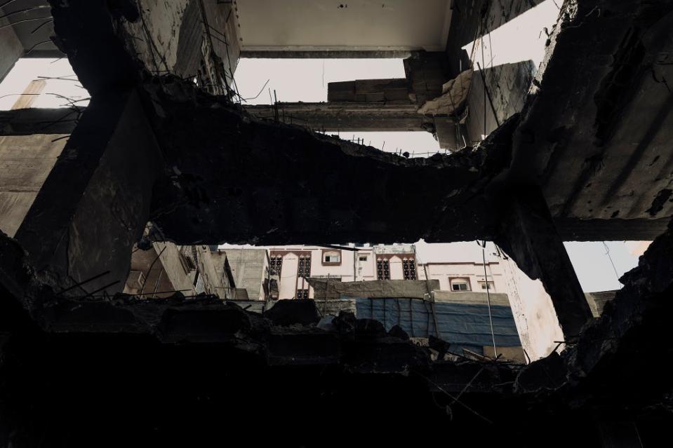 The scale of damage inflicted during May’s 10-day conflict seen clearly from the basement car park of a tower block in Gaza City (Paddy Dowling/Qatar Fund For Development)