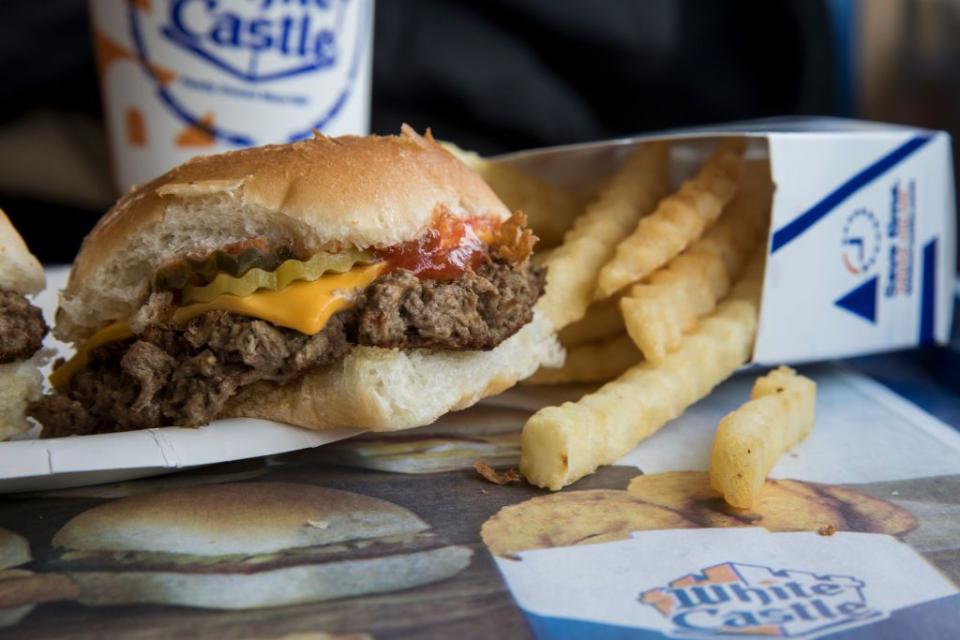 NEW YORK, NY - APRIL 12: In this photo illustration, a meatless 'Impossible Slider' sits on a table at a White Castle restaurant, April 12, 2018 in the Queens borough of New York City. The meatless burgers, which sell for $1.99, are about twice the size of White Castle's regular sliders. The patties, made primarily of wheat protein and potato, are the first plant-based burgers sold in an American quick-serve restaurant. (Photo illustration by Drew Angerer/Getty Images)