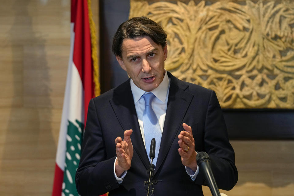 Senior Advisor to U.S. President Biden, Amos Hochstein, gives a statement to the media after his meeting with Parliament Speaker Nabih Berri in Beirut, Lebanon, Monday, March 4, 2024. Hochstein, a senior adviser to U.S. President Joe Biden, discussed with Lebanese officials Monday a diplomatic solution for the Lebanon-Israel border saying that if a truce is reached in the Gaza Strip it will not automatically mean that there will be calm along Lebanon's southern border. (AP Photo/Bilal Hussein)