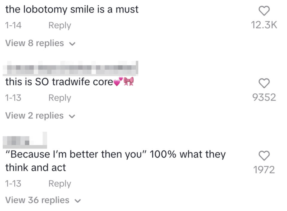 the lobotomy smile is a must. this is so tradwife core. "because I'm better than you" 100% what they think and act