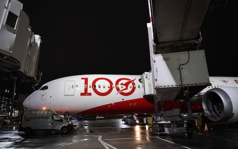 The Qantas aircraft at Heathrow on Thursday morning - Credit: getty