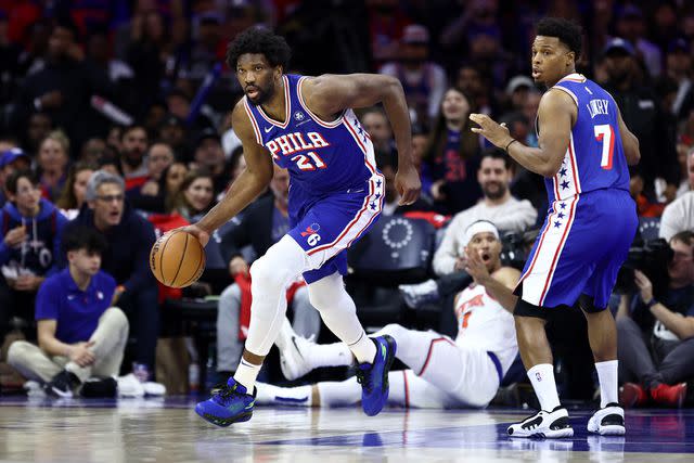 <p>Tim Nwachukwu/Getty</p> Joel Embiid (left) playing on April 25, 2024