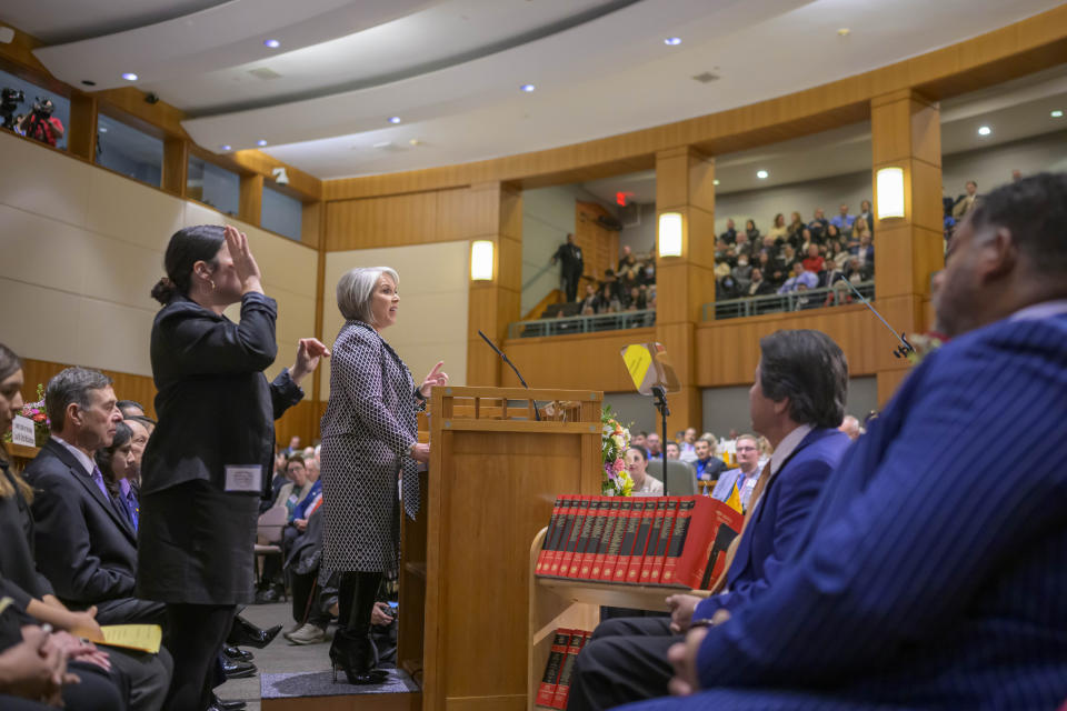 New Mexico Governor Michelle Lujan Grisham delivers her State of the State speech for the start of the 56th Legislature at the Capitol, Tuesday, Jan. 16, 2024, in Santa Fe, N.M. (AP Photo/Roberto E. Rosales)