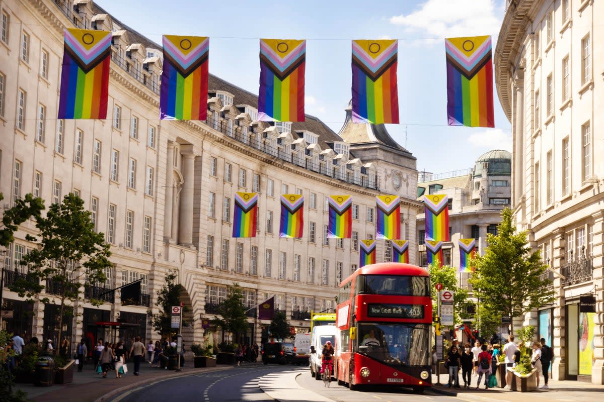 Pride flags on London’s Regent Street ahead of next weekend’s parade (PA)