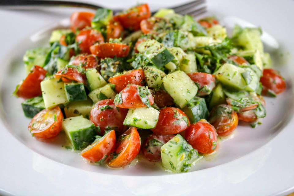 Cucumber, Tomato & Herb Salad with a Creamy Vinaigrette Dressing.