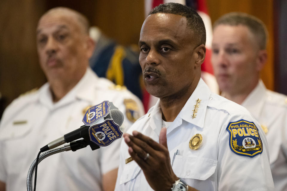 Philadelphia Police Commissioner Richard Ross speaks with members of the media during a news conference in Philadelphia, Monday, June 17, 2019. Authorities in Philadelphia say a man has been killed and at least five other people were wounded in a shooting Sunday night at a graduation party. (AP Photo/Matt Rourke)