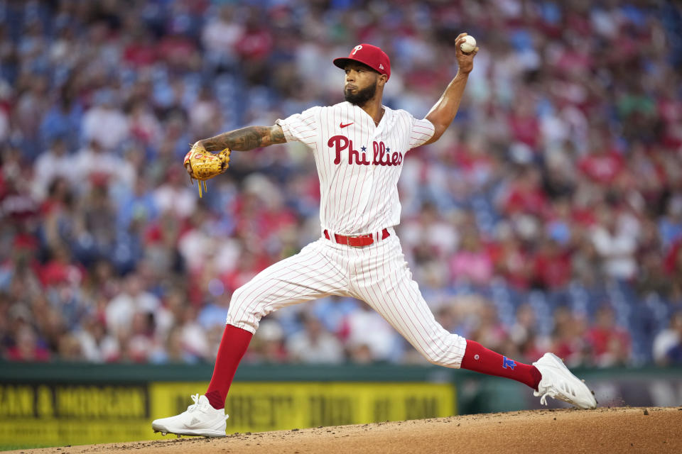 Philadelphia Phillies' Cristopher Sanchez pitches during the second inning of a baseball game against the St. Louis Cardinals, Friday, Aug. 25, 2023, in Philadelphia. (AP Photo/Matt Slocum)