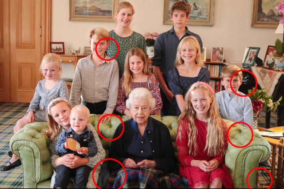 The Queen is seen in this photo sitting on a couch with 10 of her grandchildren and great-grandchildren inside Balmoral Castle. Kensington Palace/X