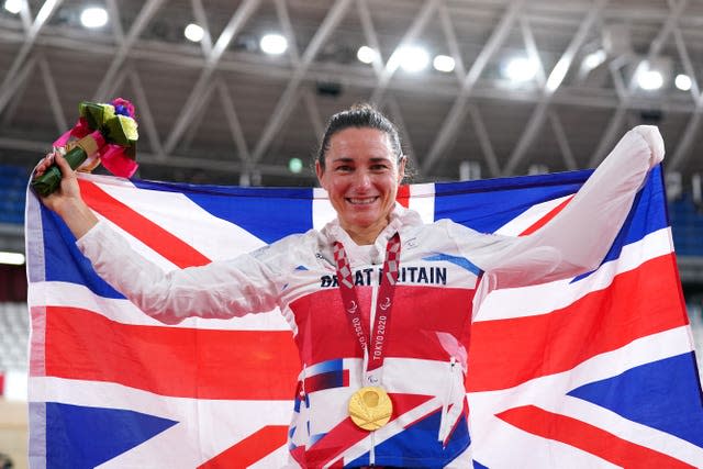 Great Britain’s Sarah Storey celebrates winning the first of her three gold medals at Tokyo 2020