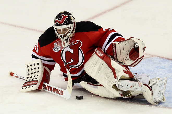 NEWARK, NJ - JUNE 09: Martin Brodeur #30 of the New Jersey Devils makes as save against the Los Angeles Kings during Game Five of the 2012 NHL Stanley Cup Final at the Prudential Center on June 9, 2012 in Newark, New Jersey. (Photo by Jim McIsaac/Getty Images)