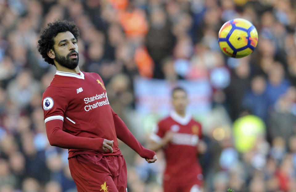 Liverpool’s Mohamed Salah during the English Premier League soccer match between Liverpool and West Ham United at Anfield in Liverpool, England, Saturday, Feb. 24, 2018. (AP Photo/Rui Vieira)