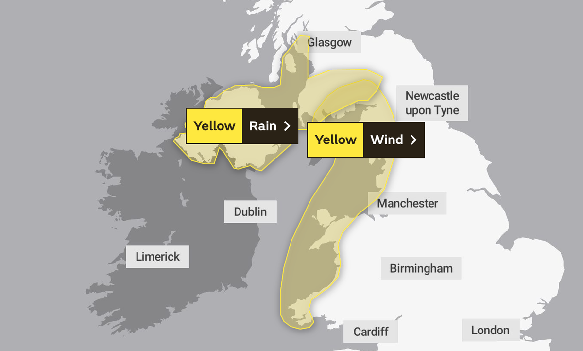 Tuesday’s Met Office weather warning covering the west of the UK (Met Office)