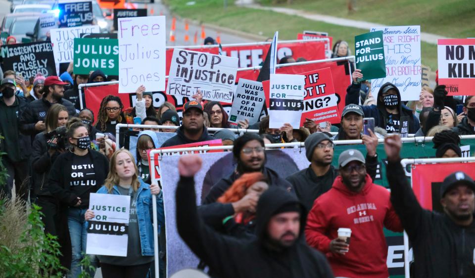 Supporters of Julius Jones march in Oklahoma City Nov. 1.