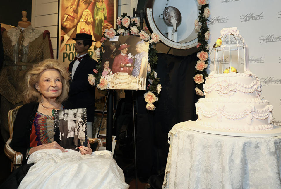 Cora Sue Collins poses for portrait at the press preview for exhibit "Meet the Stars: MGM 100th Anniversary and The Gold Age of Hollywood" at Hollywood Heritage Museum on April 04, 2024 in Los Angeles, California.