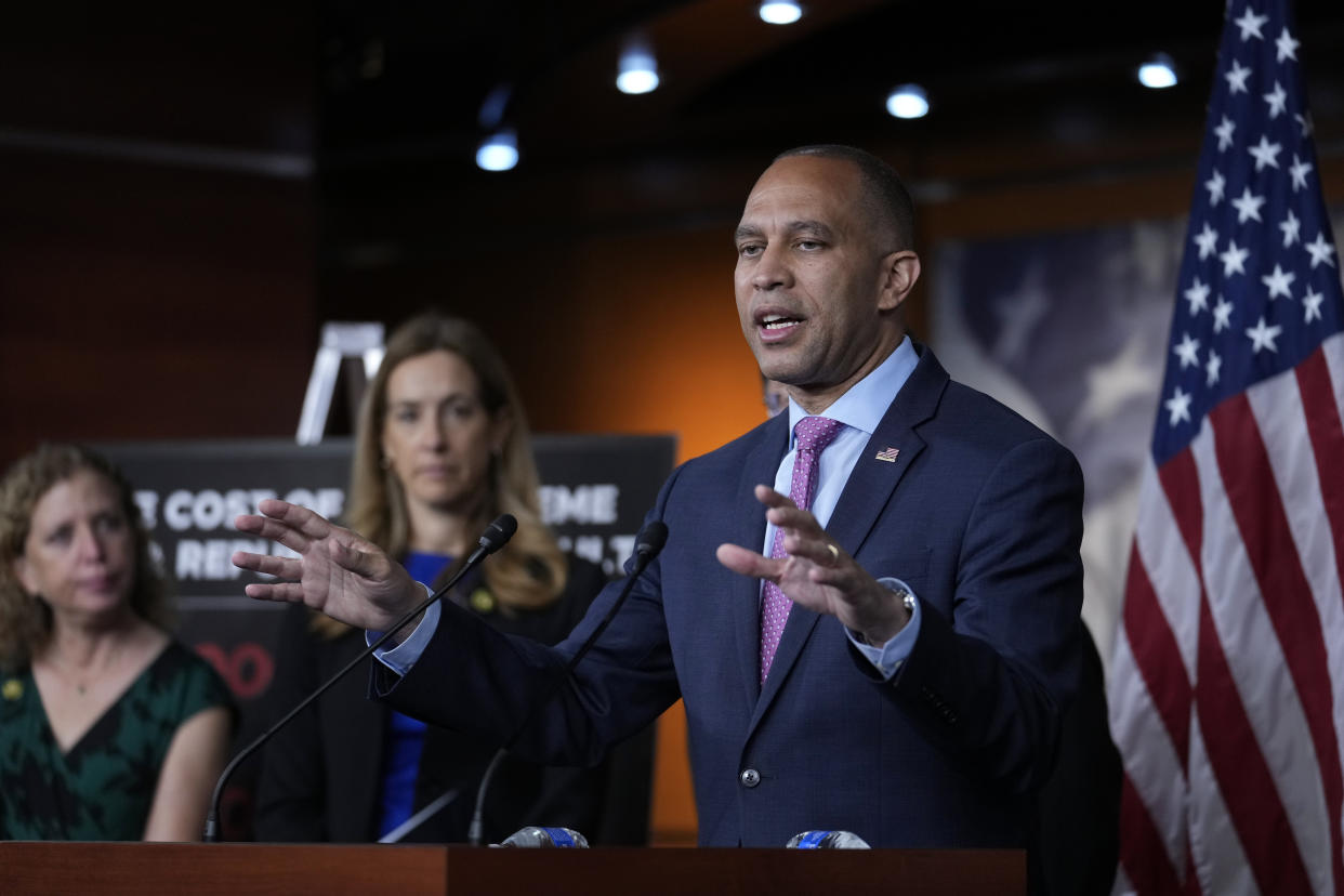 House Minority Leader Hakeem Jeffries, D-N.Y., joined by fellow Democrats, speaks with reporters about the debt ceiling, at the Capitol in Washington, Thursday, May 25, 2023. (AP Photo/J. Scott Applewhite)