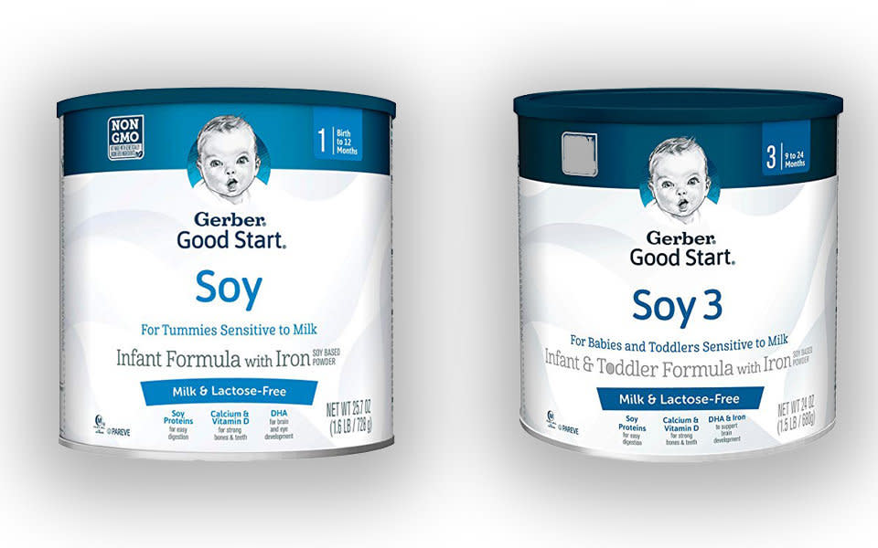 Gerber uses almost identical packaging on soy milk products for babies and toddlers. (Photo: HuffPost Illustration/Amazon)