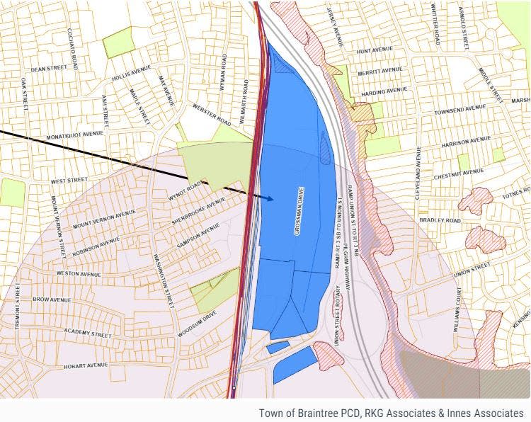 The town of Braintree's first MBTA multifamily housing zoning overlay district covers 49 acres on the Marketplace at Braintree and soon-to-be Chick-fil-a near the Union Street rotary.