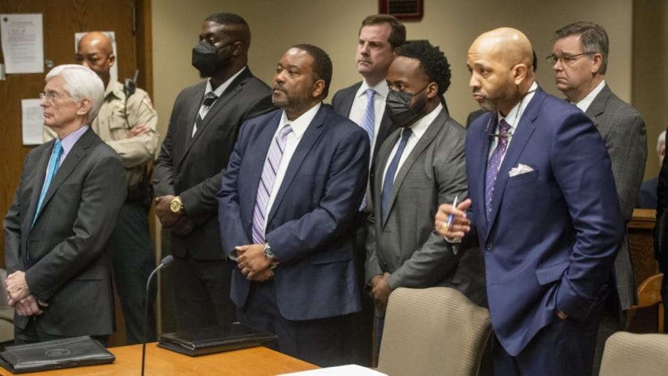 The former Memphis police officers accused of murder in the death of Tyre Nichols appeared with their attorneys Feb 17 at an indictment hearing at the Shelby County Criminal Justice Center in Memphis. Tennessee is decertifying four of the five officers facing charges. The fifth officer retired before his termination hearing. (Photo: Brandon Dill/AP)
