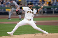 Pittsburgh Pirates starting pitcher Martín Pérez delivers during the first inning of a baseball game against the San Francisco Giants in Pittsburgh, Tuesday, May 21, 2024. (AP Photo/Gene J. Puskar)
