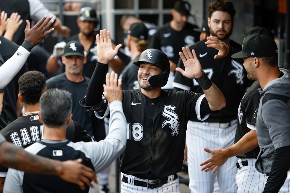 White Sox left fielder AJ Pollock celebrates with teammates after scoring against the Tigers during the first inning on Saturday, Aug. 13, 2022, in Chicago.