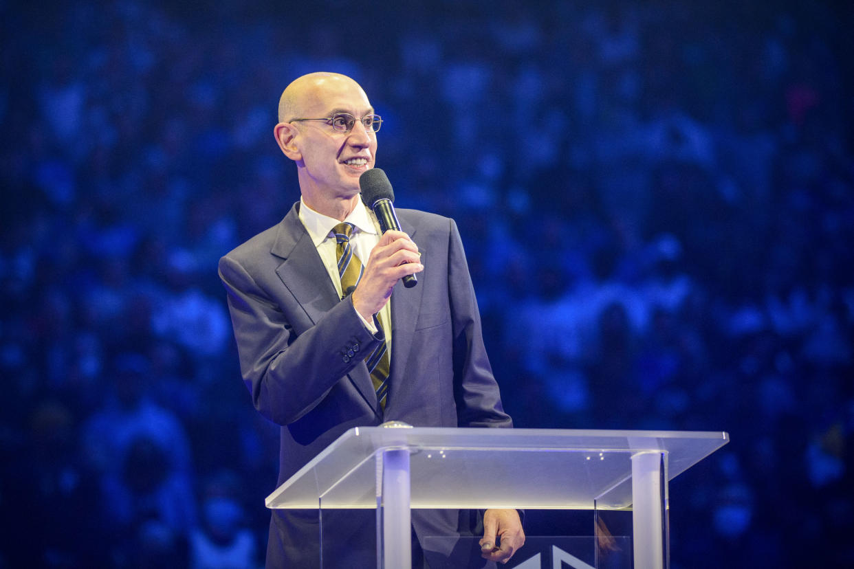Jan 5, 2022; Dallas, Texas, USA; NBA commissioner Adam Silver addresses the crowd after the game between the Dallas Mavericks and the Golden State Warriors at the American Airlines Center. Mandatory Credit: Jerome Miron-USA TODAY Sports