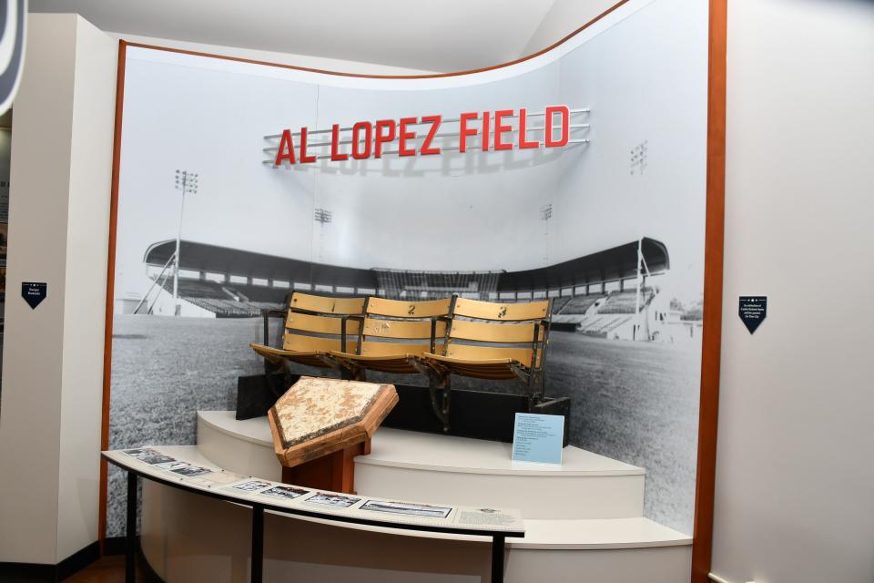 Seats and a baseball diamond from Al Lopez Field, which hosted its first spring training game in 1955. Lopez, who ran the Chicago White Sox for 13 years, had the distinction of managing the team's spring training games in a stadium that was named after him.