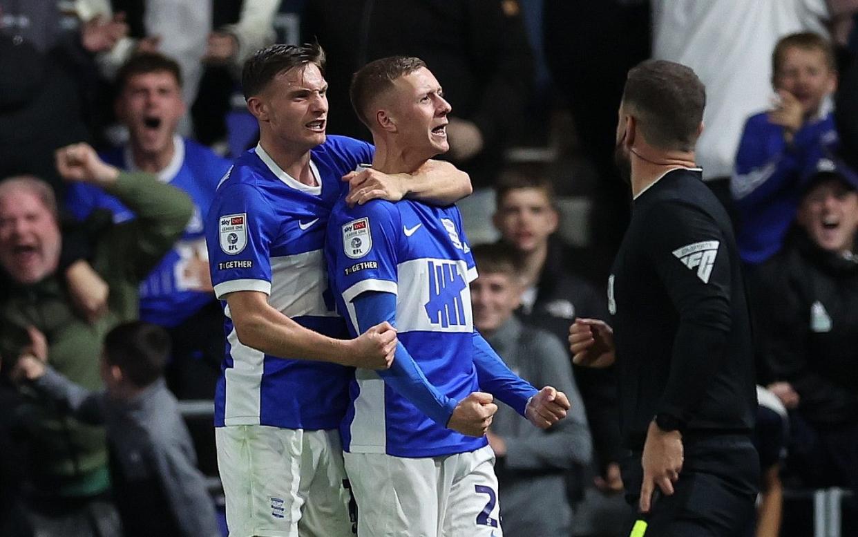 Jay Stansfield of Birmingham City celebrates after scoring a goal to make it 2-1