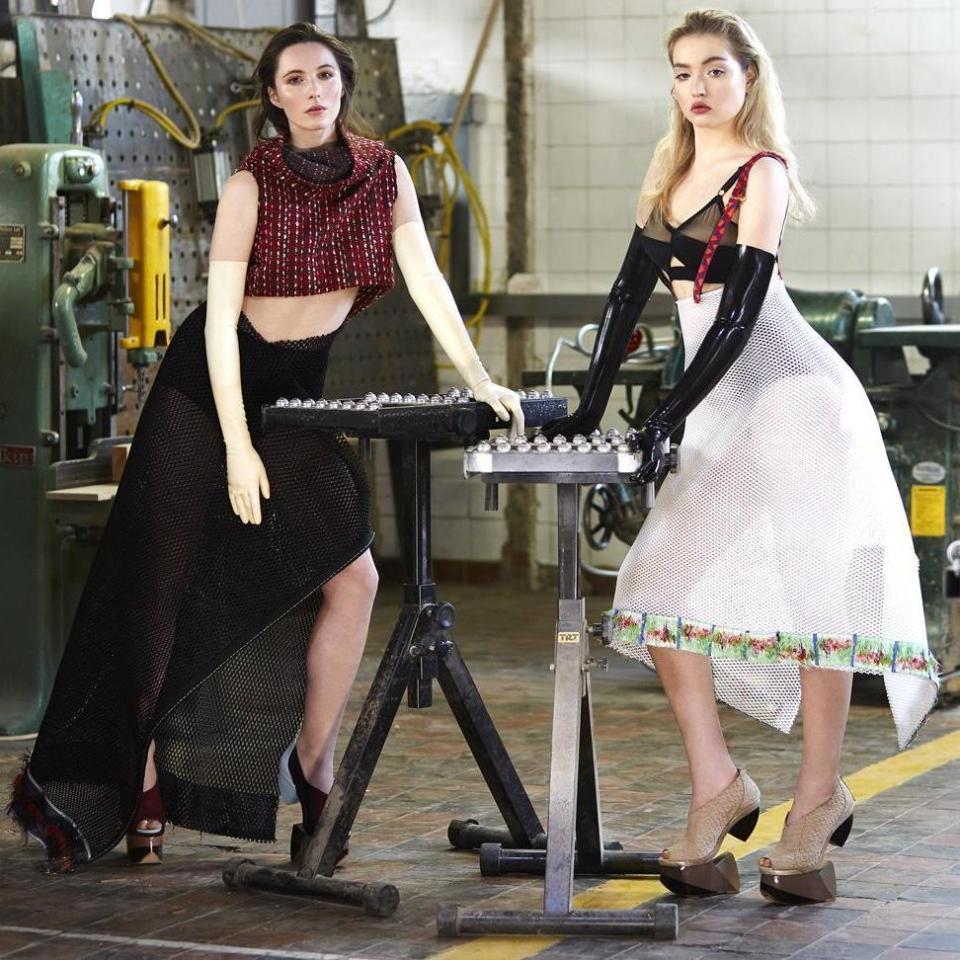 The Upcycle Project at Building BloQs, sponsored by Avery Dennison. A 2-day event of workshops with Dr Noki, Katie Jones, Alex Noble, Brandy Easter and Susie Bubble, for Fashion Revolution 2016. (Photographer Montana Lowery, models Sienna Somers and Nancy Morris, styled by Novel Beings.)