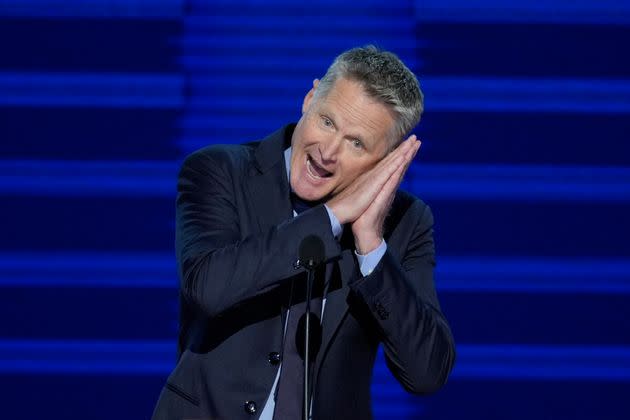 Team USA Men's Basketball coach and Golden State Warriors coach Steve Kerr speaks during the Democratic National Convention on Monday in Chicago.