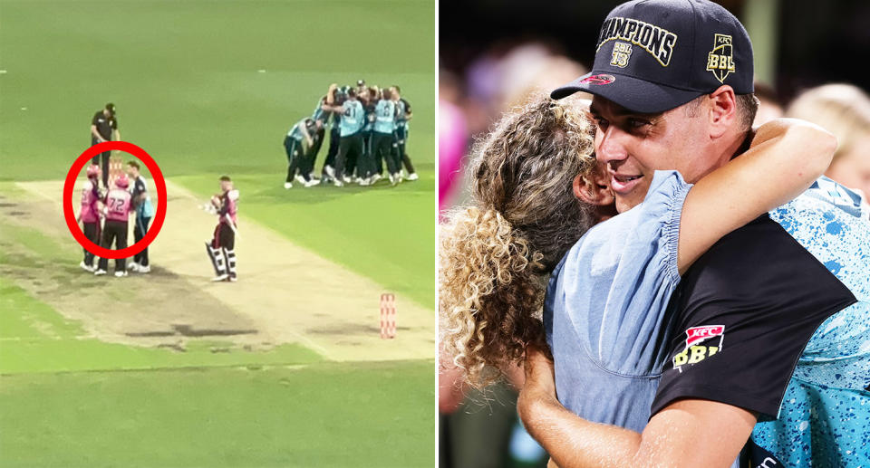 Man-of-the-match Spencer Johnson was involved in a classy moment with retiring Sixers star Steve O'Keefe after Brisbane's win in the BBL final. Pic: BBL/Getty