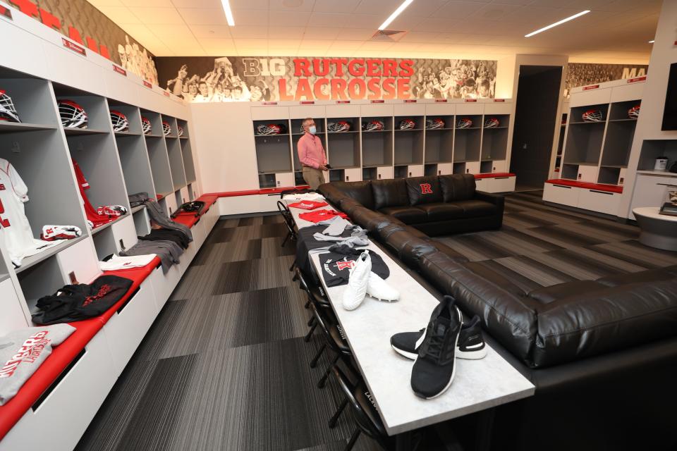 Rutgers Athletic Director Pat Hobbs in the lacrosse locker room at the Gary and Barbara Rodkin Academic Success Center on the Rutgers campus in Piscataway.