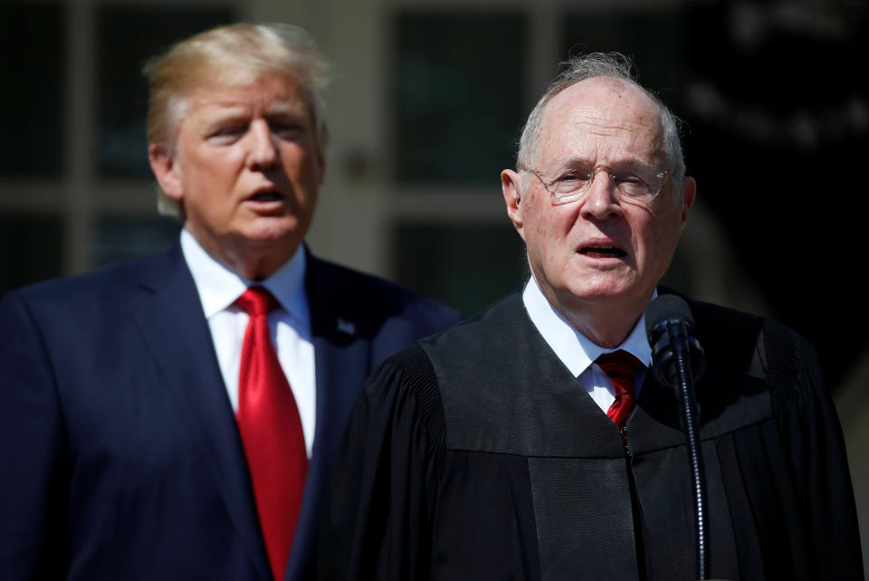 Supreme Court Justice Anthony Kennedy (right) with President Donald Trump at the swearing-in ceremony for Justice Neil Gorsuch.&nbsp;Winning over Kennedy was seen as a crucial part of winning the case of Gill v. Whitford. (Photo: Joshua Roberts / Reuters)