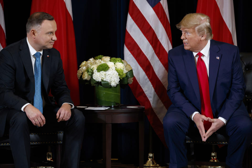 President Donald Trump meets with Polish President Andrzej Duda at the InterContinental Barclay hotel during the United Nations General Assembly, Monday, Sept. 23, 2019, in New York. (AP Photo/Evan Vucci)