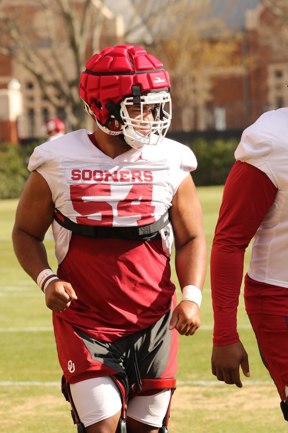 Defensive lineman Jacob Lacey goes through drills as the University of Oklahoma Sooners (OU) college football team holds spring practice outside of Gaylord Family/Oklahoma Memorial Stadium on  March 21, 2023 in Norman, Okla.  [Steve Sisney/For The Oklahoman]