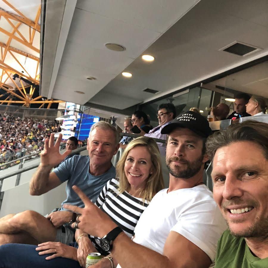 Chris with his parents Leonie and Craig at the Commonwealth Games. Source: Instagram/chrishemsworth