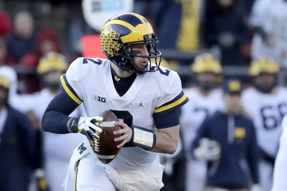 Michigan QB Shea Patterson looks to pass against Rutgers during the first half of an NCAA college football game, Saturday, Nov. 10, 2018, in Piscataway, N.J. (AP)