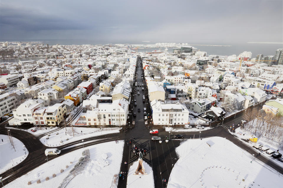 View on Reykjavik from the top of the Hallgrimskirkja tower.