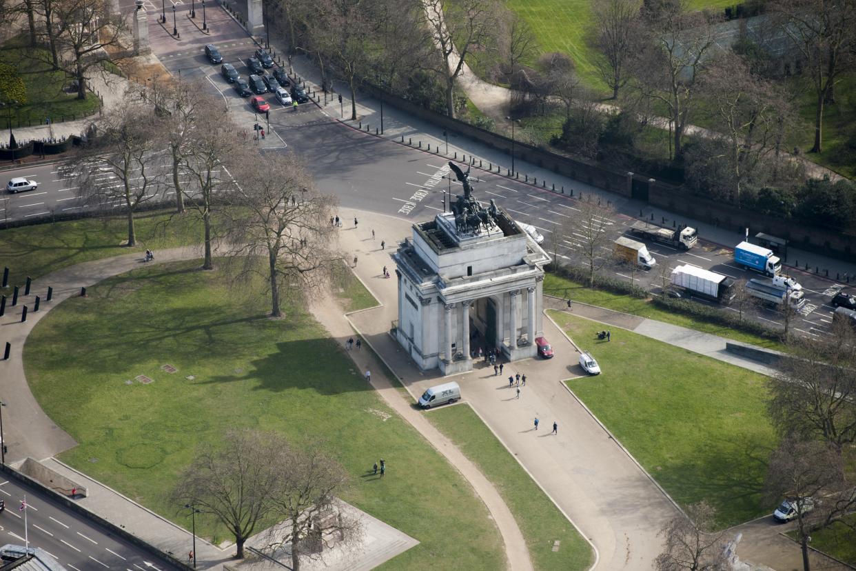 Wellington Arch, Constitution Hill, Westminster, London, c2015. Aerial view showing the quadriga.  The triumphal arch was commissioned by King George IV to commemorate Britain's victories in the Napoleonic Wars. It was designed by Decimus Burton and was completed in 1830. Artist Damian Grady. (Photo by English Heritage/Getty Images)