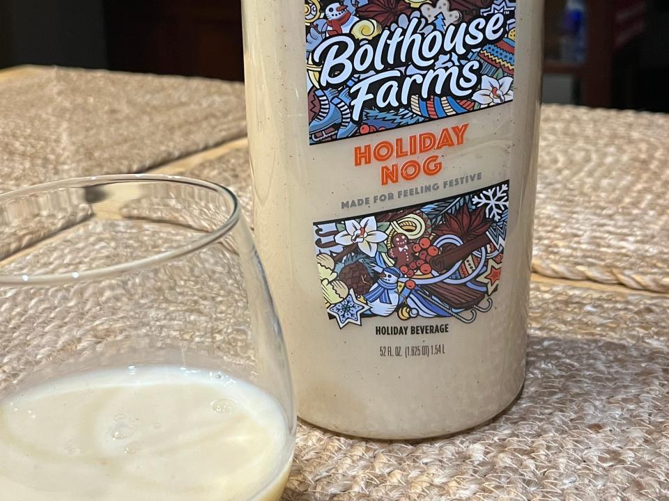 Bolthouse Farms holiday nog in bottle and in glass