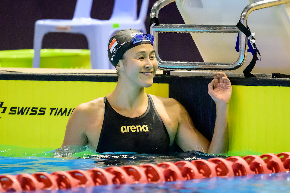 Quah Ting Wen smiles after winning the women's 100m freestyle at the 2023 SEA Games. (PHOTO: SNOC/Andy Chua)